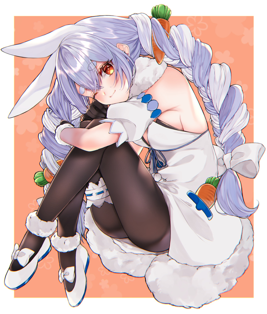 1girl absurdres animal_ear_fluff animal_ears artist_request bare_shoulders black_legwear blue_hair blush breasts carrot dress gloves highres hololive hololive_fantasy long_hair looking_at_viewer multicolored_hair orange_eyes rabbit_ears rabbit_girl short_eyebrows sideboob solo thigh-highs thigh_strap two-tone_hair usada_pekora very_long_hair virtual_youtuber white_hair