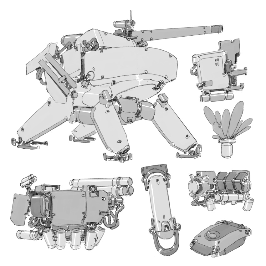 8bitwizard absurdres greyscale highres mecha monochrome no_humans original plant radio_antenna science_fiction shoulder_cannon white_background wire