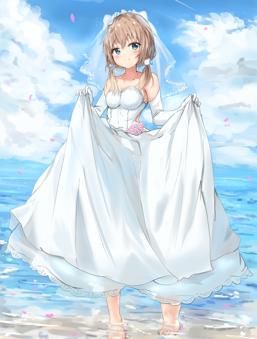 1girl absurdres bangs bare_shoulders barefoot beach blue_eyes blue_sky blush breasts closed_mouth clouds collarbone day dress elbow_gloves eyebrows_visible_through_hair full_body gloves hair_ornament highres liver_city looking_at_viewer low_twintails mashiro_kuma medium_breasts na_kyo ocean outdoors petals skirt_hold sky smile solo standing strapless twintails veil water wedding_dress white_dress
