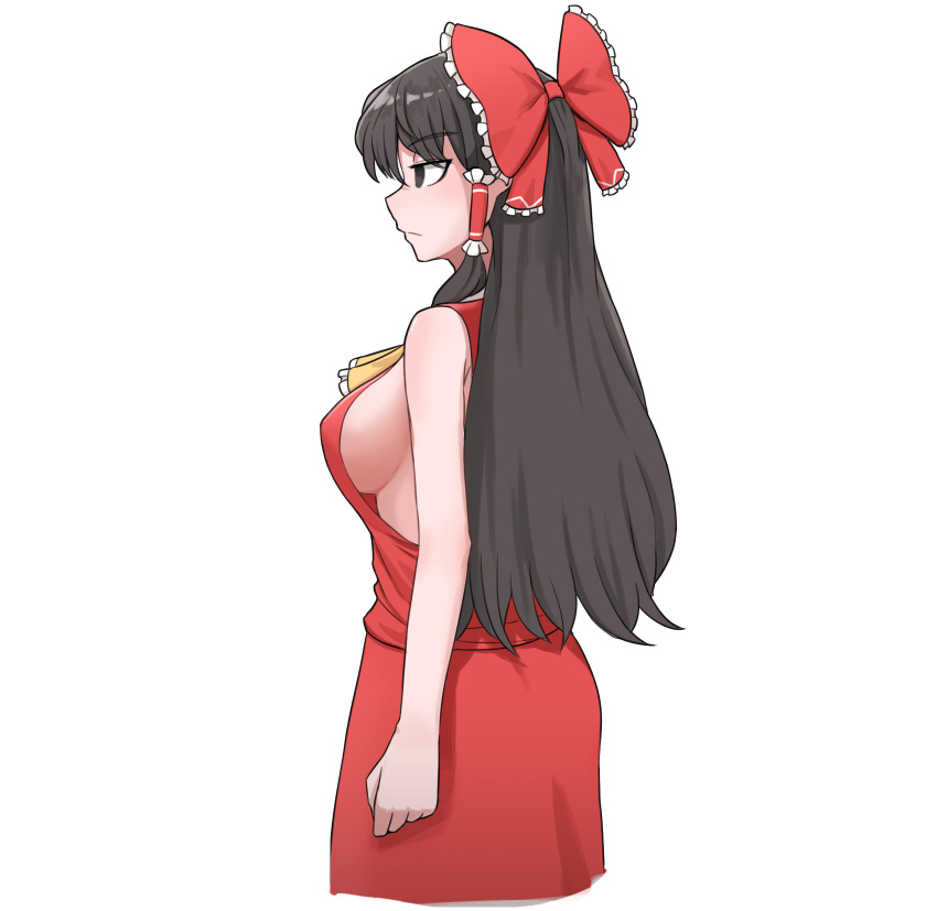 1girl absurdres ascot bare_shoulders bow breasts brown_eyes brown_hair english_commentary expressionless eyebrows_visible_through_hair frilled_bow frills from_side hair_bow hair_tubes hakurei_reimu highres long_hair mata_(matasoup) no_bra no_pupils red_bow red_shirt red_skirt shirt sideboob simple_background skirt sleeveless solo touhou white_background yellow_neckwear