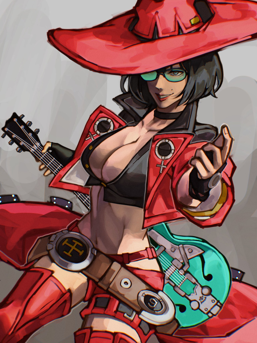 1girl belt belt_buckle black-framed_eyewear black_choker black_gloves black_hair blue_eyes boots breasts buckle choker cropped_jacket electric_guitar english_commentary fingerless_gloves glasses gloves grin guilty_gear guilty_gear_strive guitar hat highres holding holding_instrument i-no instrument jacket large_breasts lips loose_belt mole mole_above_mouth over-rim_eyewear partially_unbuttoned procreate_(medium) red_footwear red_headwear red_jacket red_shorts red_skirt semi-rimless_eyewear short_hair shorts showgirl_skirt skirt smile solo syachiiro thigh-highs thigh_boots witch_hat