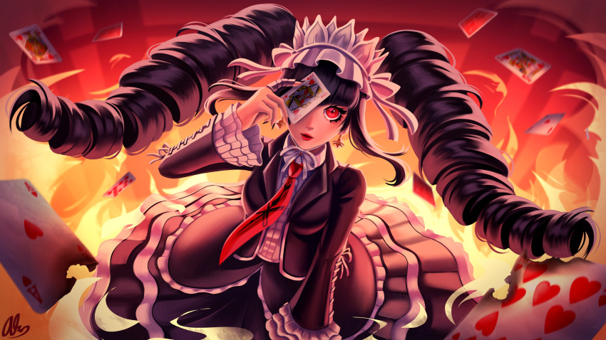 1girl absurdres alinalal bangs black_hair black_nails bonnet breasts card celestia_ludenberg center_frills commentary dangan_ronpa:_trigger_happy_havoc dangan_ronpa_(series) drill_hair earrings fire floating_hair frills gothic_lolita hairband hand_up highres holding jacket jewelry lolita_fashion lolita_hairband long_hair looking_at_viewer nail_polish necktie one_eye_covered playing_card red_eyes shirt skirt smile solo twin_drills twintails very_long_hair