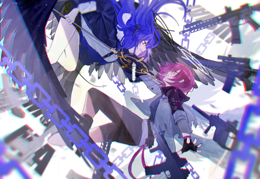 2girls absurdres angel arknights artist_name bangs black_gloves black_legwear black_skirt blue_hair blurry blurry_background blurry_foreground chain closed_mouth demon_girl demon_horns demon_tail demon_wings exusiai_(arknights) eyebrows_visible_through_hair fingerless_gloves floating floating_object floating_weapon from_side full_body fur_trim gloves gun halo highres holding holding_polearm holding_weapon horns id_card jacket leaning_forward long_hair long_sleeves looking_at_another medium_hair mostima_(arknights) multiple_girls outstretched_arms pantyhose parted_lips polearm purple_hair purple_jacket red_shorts rifle shirt short_sleeves shorts sidelocks skirt sleeve_cuffs smile submachine_gun tail thighs violet_eyes weapon white_jacket white_shirt wings yolanda