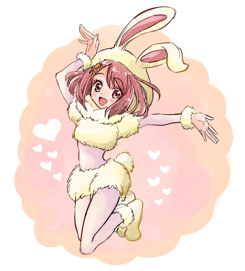 1girl :d animal_costume animal_ears animal_hood arm_up blunt_ends blush bunny_costume bunny_hood bunny_tail carrot_hair_ornament commentary_request cosplay crop_top food_themed_hair_ornament full_body fur_(clothing) hair_ornament hairclip hanadera_nodoka healin'_good_precure heart highres hood jumping legs_up looking_at_viewer midriff multicolored multicolored_background no_navel open_mouth orange_background outstretched_arm paw_shoes pink_background pre221b precure rabbit_ears red_eyes shoes short_hair short_sleeves shorts smile solo tail white_background wrist_cuffs yes!_precure_5 yumehara_nozomi yumehara_nozomi_(cosplay)