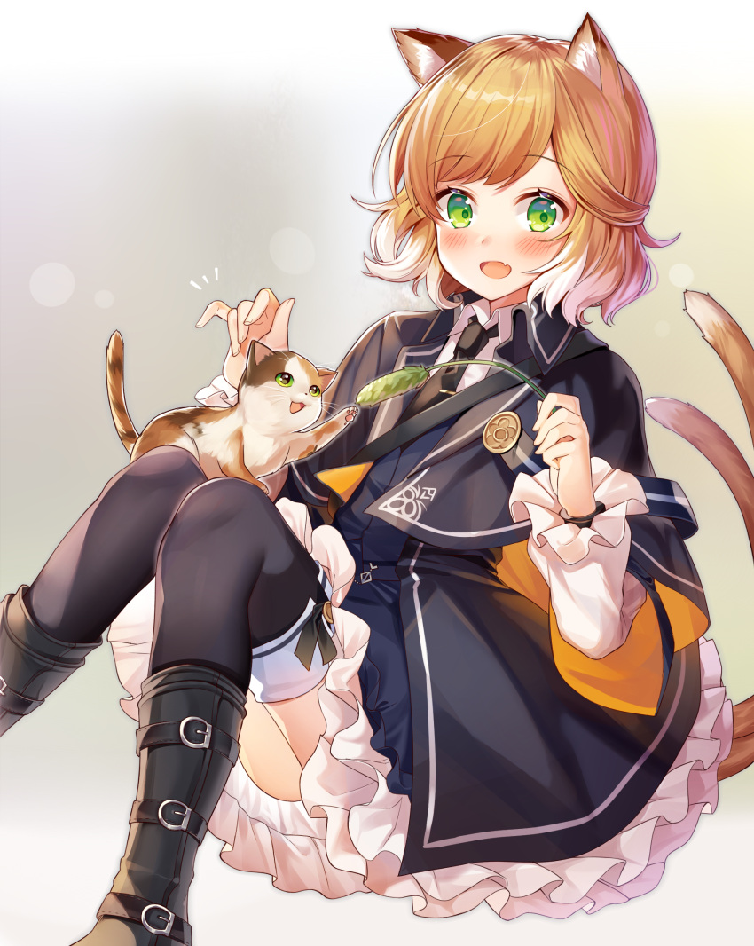 1girl animal animal_ears arknights bangs black_footwear black_legwear black_neckwear blue_dress blush boots cat cat_ears cat_girl cat_tail cat_teaser coat colored_tips dress eyebrows_visible_through_hair fang frilled_dress frilled_sleeves frills green_eyes hand_up highres holding ion_(on01e) long_sleeves mousse_(arknights) multicolored_hair multiple_tails necktie open_mouth orange_hair short_hair skin_fang smile solo swept_bangs tail thigh-highs tie_clip two-tone_hair white_hair wide_sleeves
