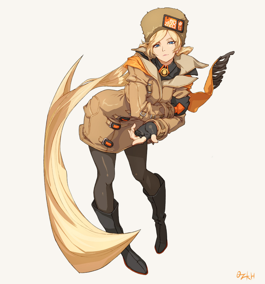 1girl arm_scarf artist_name black_gloves blonde_hair blue_eyes boots brown_headwear brown_jacket closed_mouth fingerless_gloves fur_hat gloves grey_background guilty_gear guilty_gear_strive hat highres jacket leggings long_hair millia_rage ozkh pose scarf simple_background solo thigh-highs ushanka very_long_hair