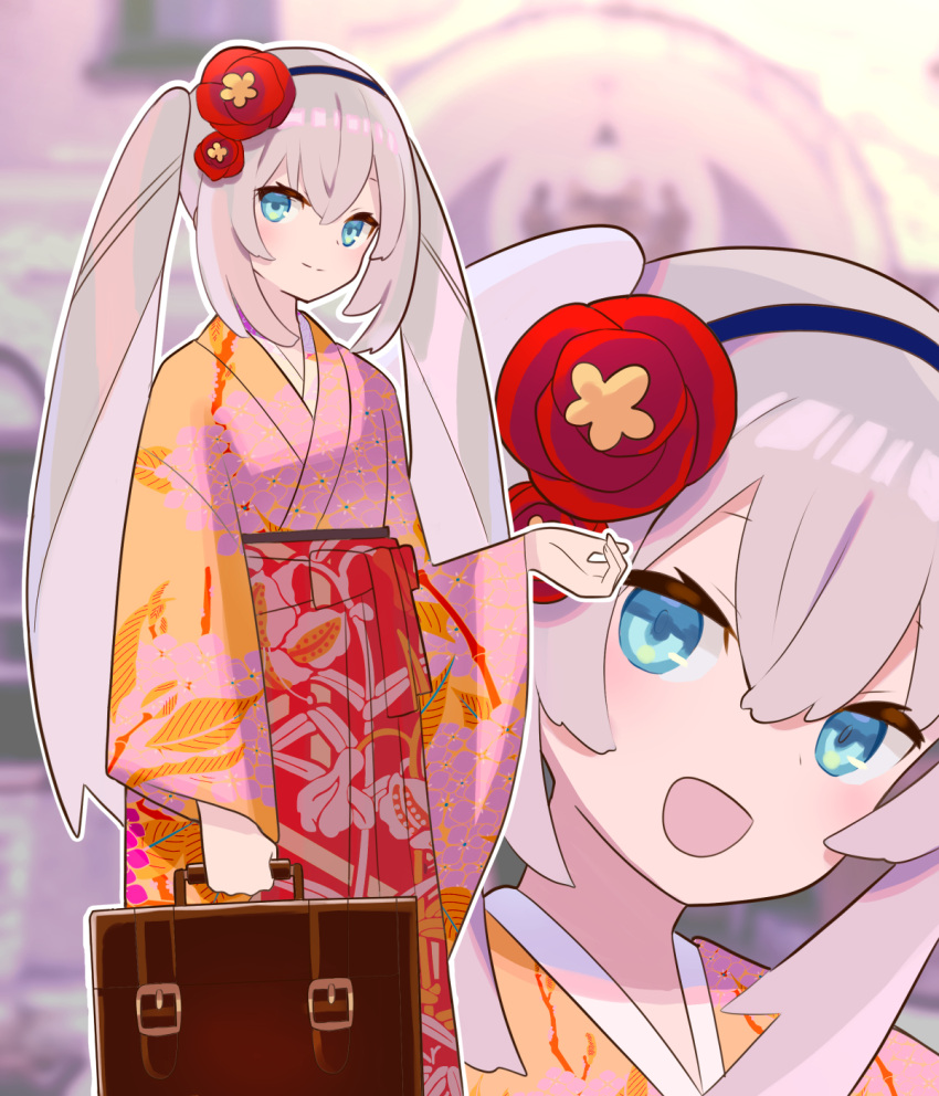 1girl bangs blue_eyes blush breasts briefcase closed_mouth fate/grand_order fate_(series) floral_print flower hair_flower hair_ornament hakama highres japanese_clothes kimono long_hair long_sleeves looking_at_viewer marie_antoinette_(fate) multiple_views open_mouth pink_kimono projected_inset red_hakama silver_hair smile twintails very_long_hair wide_sleeves zenshin