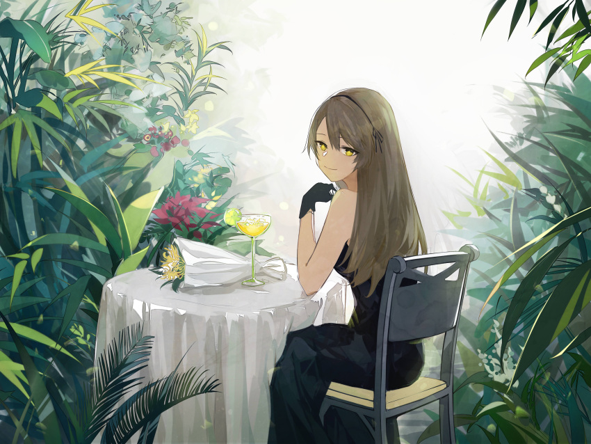 1girl absurdres bangs black_dress black_gloves bouquet chair closed_mouth commentary_request cup dress eyebrows_visible_through_hair flower girls_frontline gloves grey_hair hair_between_eyes hairband hei_chuan_gui highres lime_slice long_hair looking_at_viewer one_side_up plant smile star-shaped_pupils star_(symbol) symbol-shaped_pupils table ump40_(girls_frontline) yellow_eyes