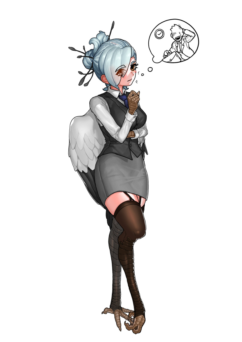 1girl absurdres black_feathers black_legwear black_vest blush borrowed_character commentary_request ddoy_sik eyebrows_visible_through_hair feathered_wings feathers hair_bun hair_over_one_eye harpy highres korean_commentary monster_girl office_harpy_(sparrowl) office_lady original pencil_skirt simple_background skirt solo stirrup_legwear thigh-highs thought_bubble toeless_legwear vest white_background white_feathers white_hair wings