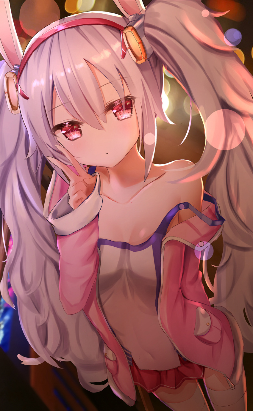 1girl animal_ears azur_lane bangs blurry bokeh breasts camisole collarbone depth_of_field eyebrows_visible_through_hair fake_animal_ears hair_between_eyes highres laffey_(azur_lane) looking_at_viewer medium_breasts red_eyes solo thigh-highs tou_tou twintails v white_hair white_legwear