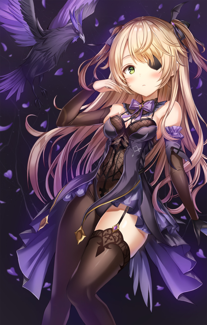 1girl absurdres bare_shoulders bird black_dress blonde_hair breasts brown_eyelashes brown_legwear closed_mouth detached_sleeves dress eyepatch fischl_(genshin_impact) garter_straps genshin_impact green_eyes hand_up highres kitin long_hair long_sleeves looking_at_viewer oz_(genshin_impact) petals raven_(animal) revision single_leg_pantyhose single_thighhigh small_breasts thigh-highs two_side_up