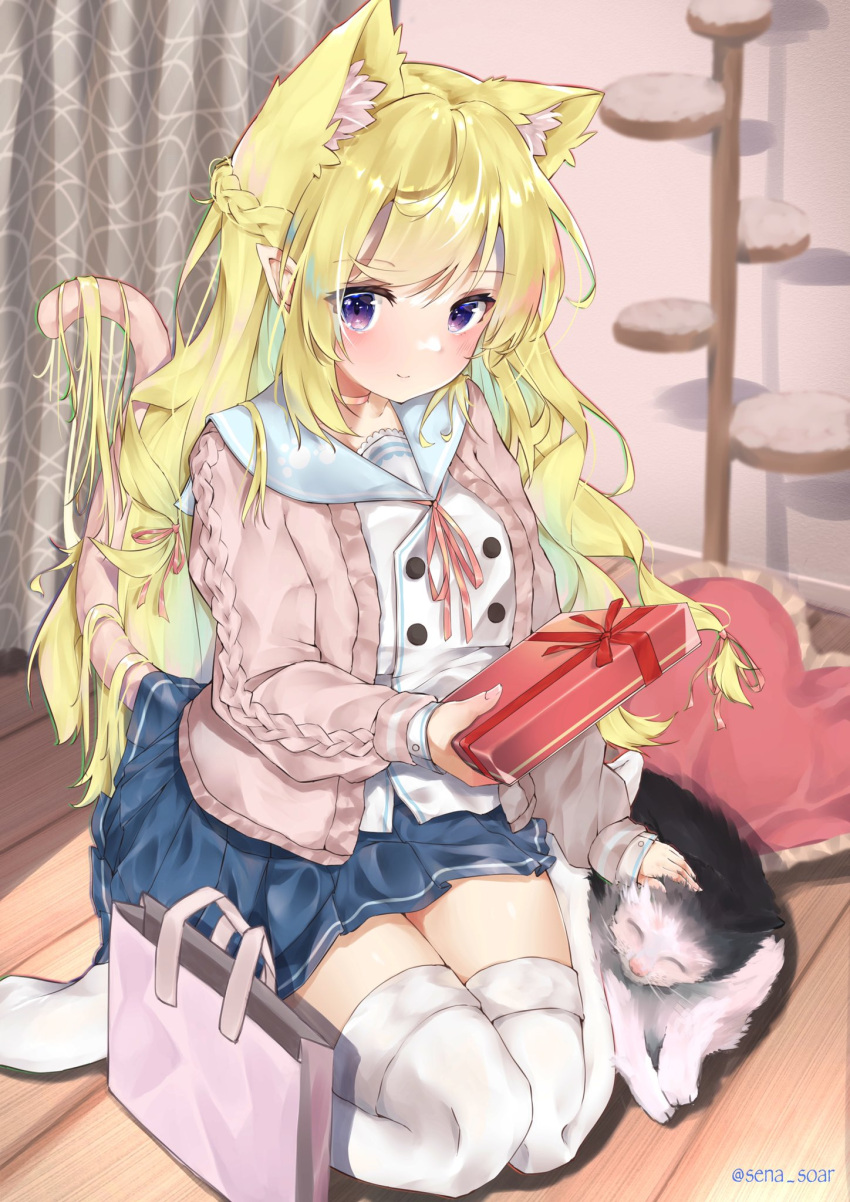 1girl ahoge animal_ear_fluff animal_ears bag bangs blonde_hair blue_hair blue_serafuku blue_skirt blush box braid cardigan cat cat_ears cat_tail choker closed_mouth collarbone commentary_request curtains double-breasted eyebrows_visible_through_hair gift gift_box gradient_hair hair_ribbon highres holding holding_gift multicolored_hair original outstretched_hand pillow pink_cardigan pleated_skirt ribbon school_uniform seiza sena_(sena_soar) serafuku shadow sidelocks sitting skirt smile solo streaked_hair swept_bangs tail thigh-highs thighs twitter_username violet_eyes zettai_ryouiki