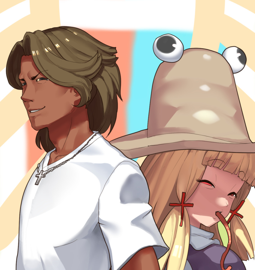 1boy 1girl back-to-back bangs blonde_hair blunt_bangs brown_eyes brown_hair brown_headwear commentary cookie_(touhou) cross cross_necklace dark_sauce dress eyebrows_visible_through_hair go_(inmu) hair_tie hat highres jewelry kaibara_elena_(cookie) long_tongue looking_at_viewer looking_to_the_side manatsu_no_yo_no_inmu medium_hair moriya_suwako necklace open_mouth purple_dress red_eyes shirt smile swept_bangs t-shirt tan tongue tongue_out touhou turtleneck upper_body white_shirt