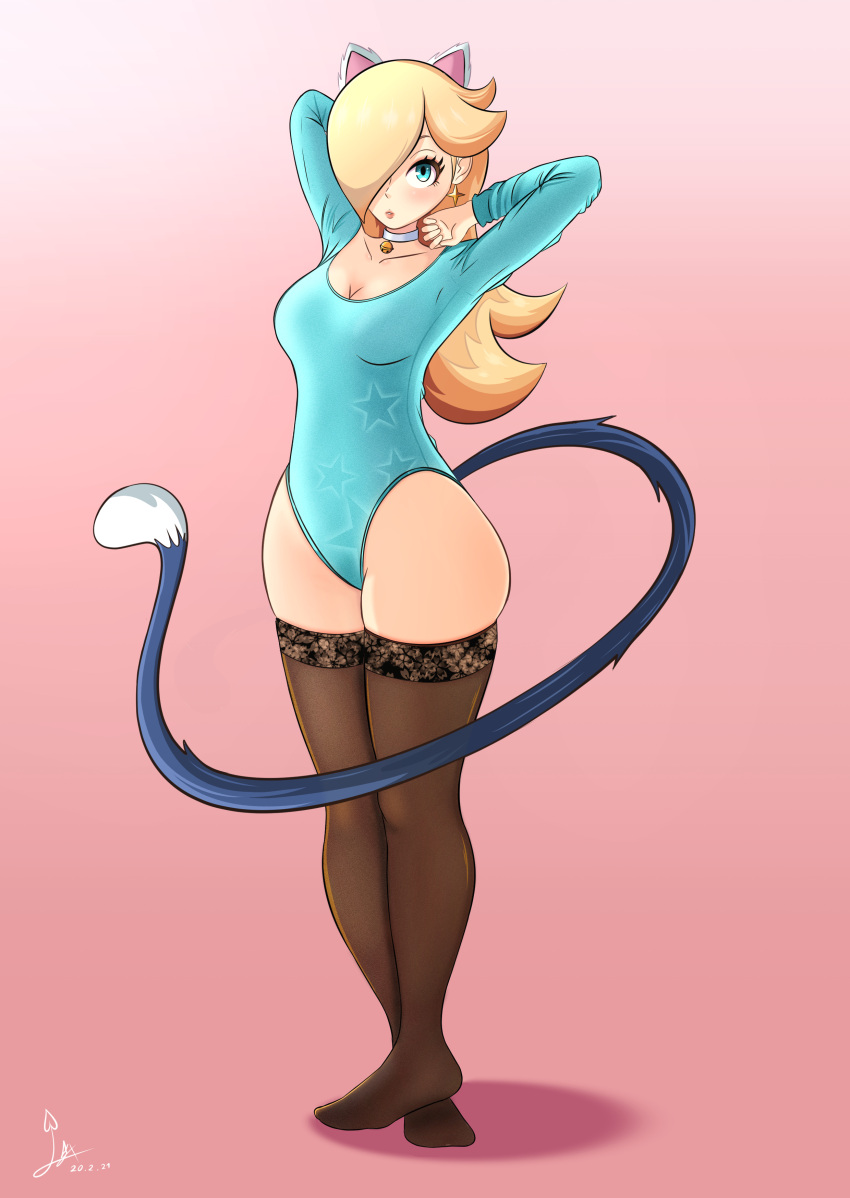 absurdres animal_ears arms_behind_back arms_up bell blonde_hair blue_eyes blush breasts cat_ears cat_tail hair_over_one_eye highres jewelry laceysx lips lipstick long_hair long_tail makeup super_mario_bros. medium_breasts necklace rosalina tail thigh-highs thighs