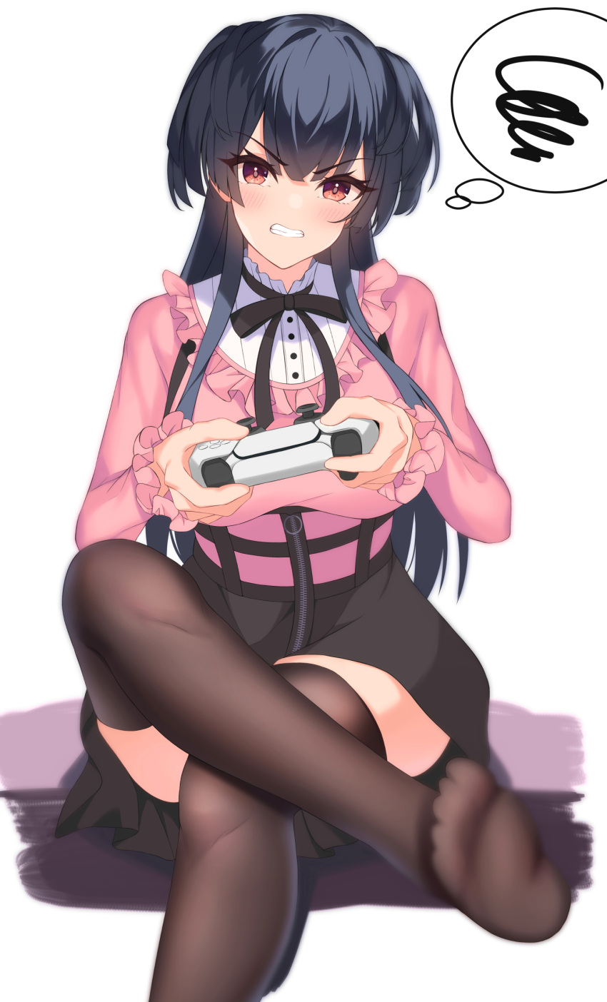 1girl absurdres aisumi_ran angry annoyed bangs black_hair black_legwear black_ribbon black_skirt blunt_bangs blurry blurry_foreground blush breasts brown_eyes clenched_teeth controller dualsense frills highres holding holding_controller idolmaster idolmaster_shiny_colors long_hair long_sleeves mayuzumi_fuyuko no_shoes pink_shirt playstation_controller ribbon shirt simple_background sitting skirt soles solo squiggle teeth thigh-highs thighs thought_bubble two_side_up white_background zettai_ryouiki