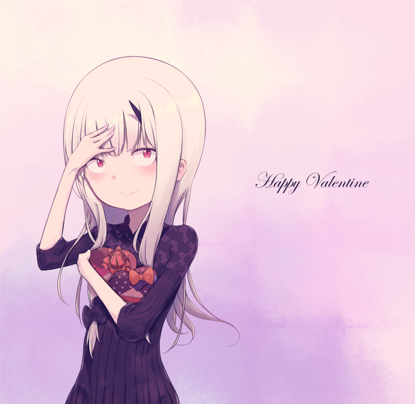 1girl absurdres bangs black_bow black_dress blush bow box breasts daisi_gi dress fate/grand_order fate_(series) gift gift_box happy_valentine heart-shaped_box highres horns lavinia_whateley_(fate) long_hair long_sleeves looking_at_viewer pale_skin single_horn small_breasts smile violet_eyes white_hair