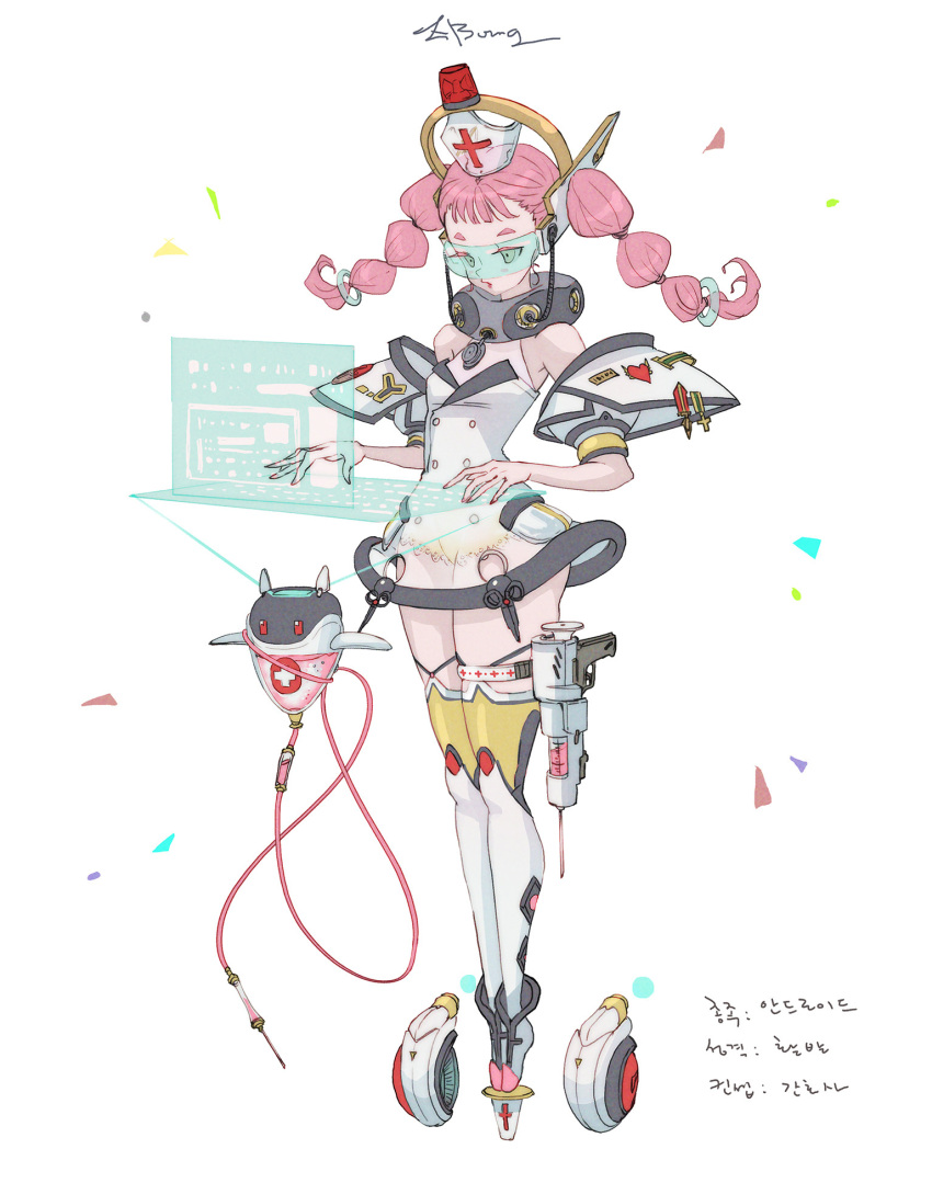1girl badge bare_shoulders blush blush_stickers cross fingernails floating green_eyes heart highres hologram holster keyboard_(computer) kim_eul_bong liquid long_hair monitor nurse original parted_lips pink_hair pink_nails robot science_fiction see-through signature skindentation solo stethoscope syringe thigh-highs thigh_strap tiptoes transparent twintails typing visor white_footwear white_legwear yellow_legwear
