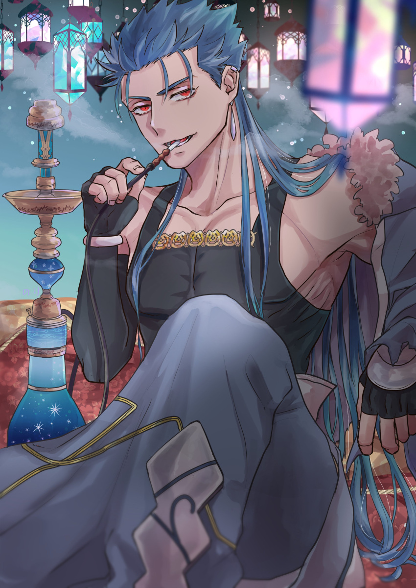 1boy absurdres blue_hair bracelet capelet collarbone cu_chulainn_(fate)_(all) cu_chulainn_(fate/grand_order) earrings elbow_gloves fate/grand_order fate_(series) fingerless_gloves gloves hanging_light highres hookah jewelry lamp long_hair looking_at_viewer male_focus multiple_piercings muscular muscular_male norinobu open_mouth pectorals red_eyes skin_tight smile smoke solo spiky_hair tank_top