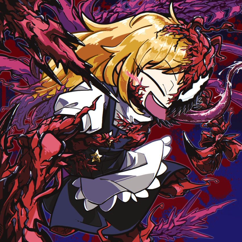 1girl amerika_zarigani apron bangs black_skirt black_vest blonde_hair carnage_(marvel) closed_eyes commentary_request cookie_(touhou) corruption eyebrows_visible_through_hair feet_out_of_frame frilled_apron frills highres kirisame_marisa long_tongue marvel medium_hair monster_girl open_mouth puffy_short_sleeves puffy_sleeves shirt short_sleeves skirt smile star_(symbol) suzu_(cookie) symbiote tongue touhou vest waist_apron white_apron white_shirt