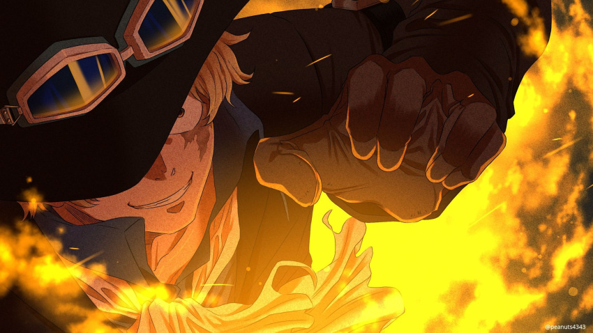 1boy black_coat black_headwear blonde_hair brown_gloves close-up coat collared_shirt face fighting_stance fire gloves goggles goggles_on_headwear hat highres incoming_attack long_sleeves looking_at_viewer male_focus one_piece pinattsu sabo_(one_piece) scar scar_across_eye shirt short_hair smile solo top_hat