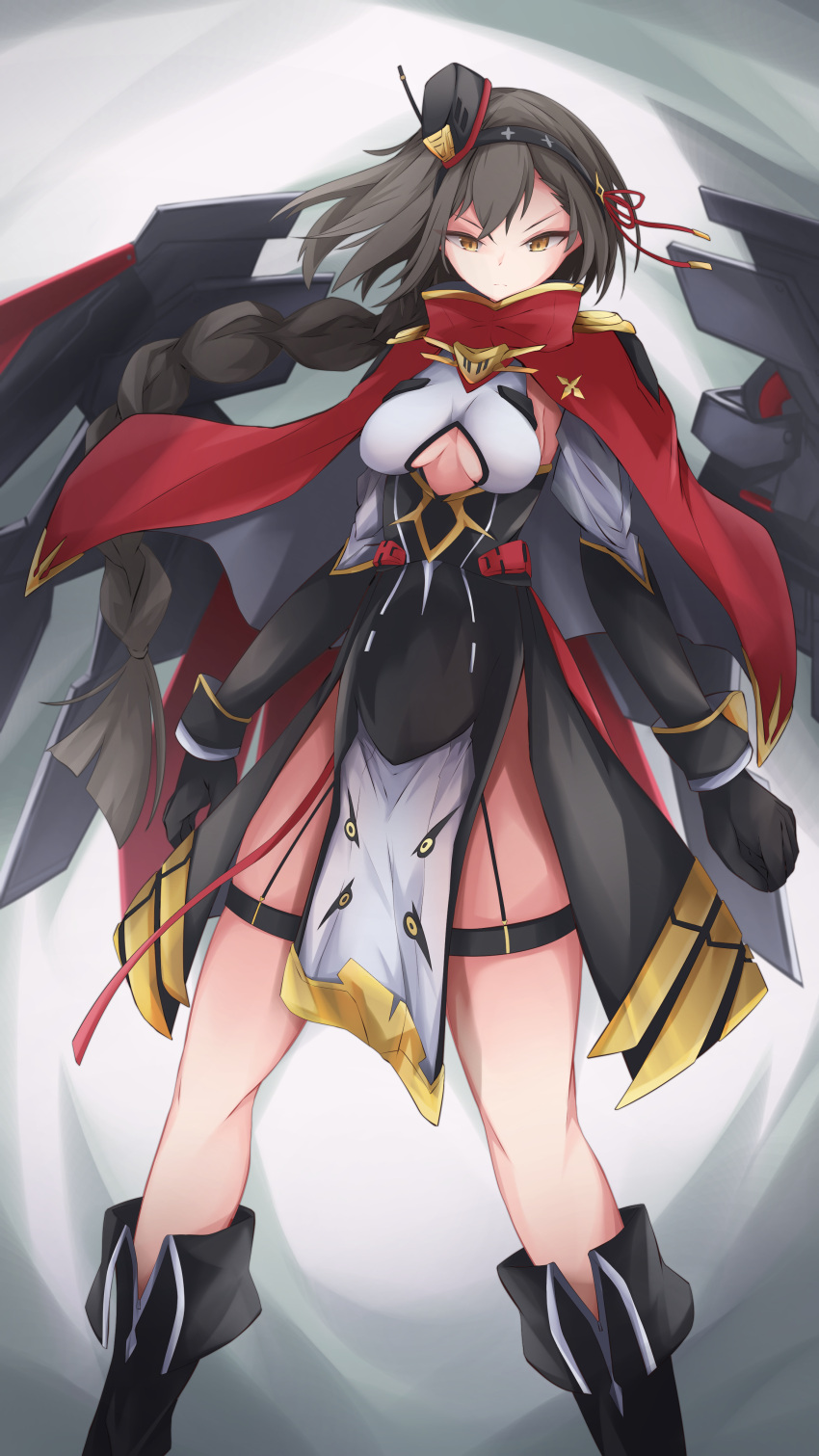1girl absurdres armpit_cutout azur_lane bangs black_footwear black_gloves black_hair black_hairband black_skirt boots braid braided_ponytail breasts clenched_hand cloak clothing_cutout commentary_request crop_top eagle_(azur_lane) elbow_gloves garter_straps gloves hair_between_eyes hairband headgear high-waist_skirt highres knee_boots large_breasts long_hair looking_at_viewer osatou_(soul_of_sugar) pelvic_curtain red_cloak rigging shirt sideboob sidelocks skirt solo standing thigh_strap under_boob underboob_cutout very_long_hair white_shirt wrist_cuffs yellow_eyes