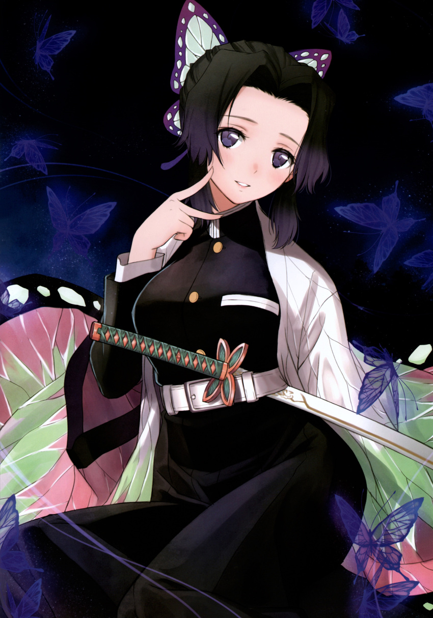 1girl absurdres bangs belt blush bug butterfly butterfly_hair_ornament buttons cape capelet forehead hair_intakes hair_ornament hand_up haori head_tilt highres insect japanese_clothes katana kimetsu_no_yaiba kochou_shinobu long_sleeves looking_at_viewer parted_bangs parted_lips purple_butterfly purple_hair scan sheath sheathed sidelocks simple_background sitting smile solo sword tony_taka weapon white_belt white_cape