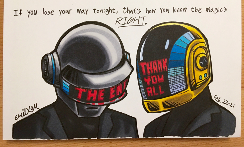 2boys absurdres black_jacket blazer daft_punk dated emilxom english_text guy-manuel_de_homem-christo helmet highres jacket lyrics male_focus marker_(medium) multiple_boys portrait robot signature thank_you thomas_bangalter traditional_media visor