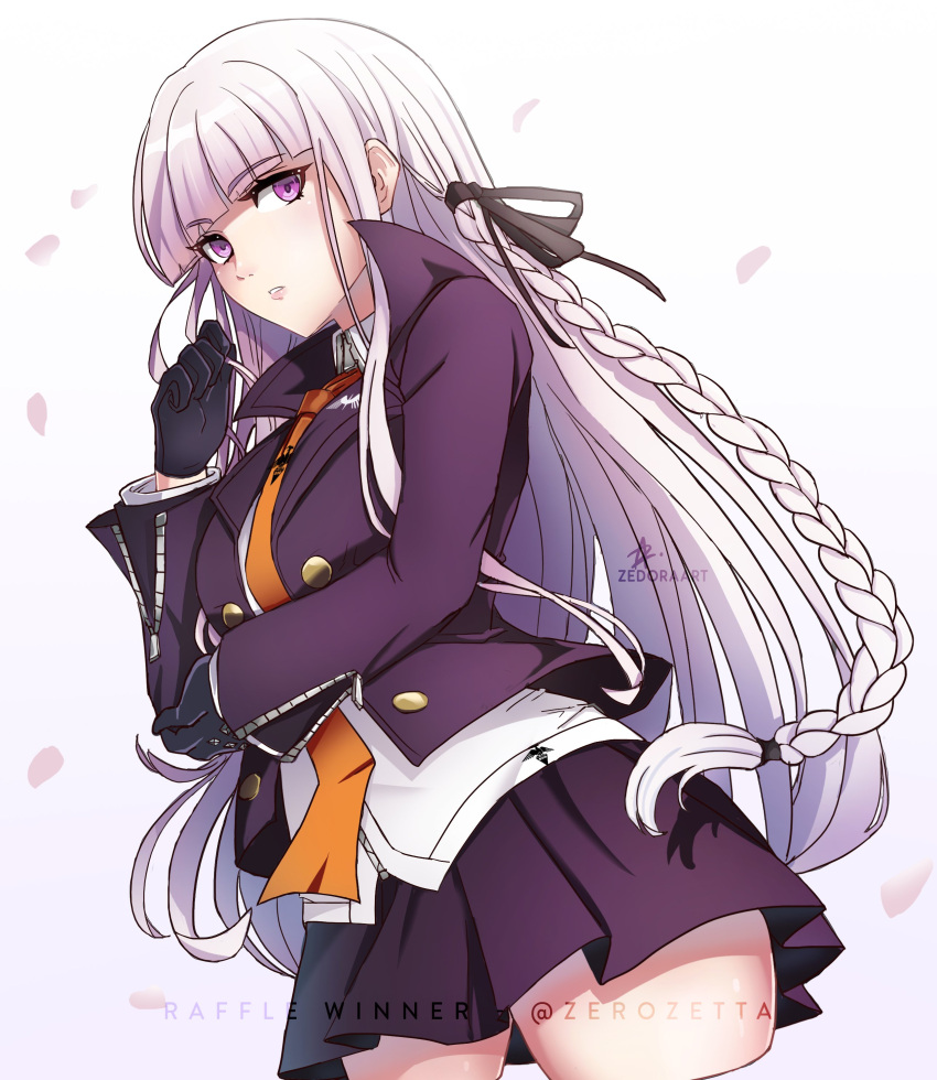 1girl absurdres bangs black_gloves black_ribbon blazer blunt_bangs braid collared_shirt cowboy_shot cropped_legs dangan_ronpa:_trigger_happy_havoc dangan_ronpa_(series) dress_shirt eyebrows_visible_through_hair floating_hair gloves hair_ribbon highres jacket kirigiri_kyouko long_hair long_sleeves miniskirt open_blazer open_clothes open_jacket orange_neckwear parted_lips pleated_skirt purple_jacket purple_skirt ribbon shirt silver_hair single_braid skirt solo very_long_hair violet_eyes watermark white_background white_shirt wing_collar zedoraart