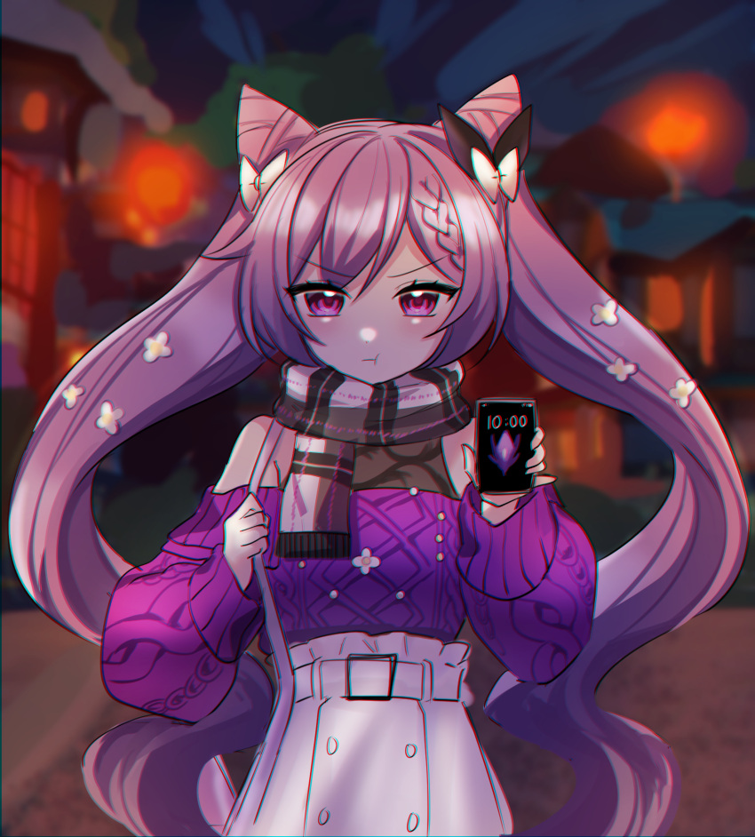 1girl :t alternate_costume bare_shoulders blush bow braid casual flower genshin_impact hair_bow hair_flower hair_ornament highres holding holding_phone kenouo keqing_(genshin_impact) lantern long_hair long_sleeves looking_at_viewer night phone pout purple_hair purple_sweater scarf skirt sweater twintails violet_eyes white_skirt