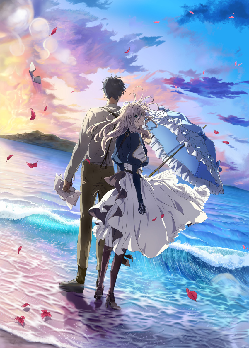 1boy 1girl absurdres anime_coloring bangs beach blonde_hair blue_eyes blue_jacket blue_sky blue_umbrella boots brown_footwear brown_pants clouds cloudy_sky collared_shirt commentary_request dark_blue_hair derivative_work dress envelope evening eyebrows_visible_through_hair from_behind full_body gilbert_bougainvillea hair_between_eyes high_heels highres holding holding_envelope holding_letter holding_paper holding_umbrella jacket leaf letter long_hair long_sleeves looking_at_viewer looking_back messy_hair no_gloves ocean outdoors pants paper parted_lips prosthesis prosthetic_arm puffy_long_sleeves puffy_sleeves shirt sidelocks sky standing suspenders umbrella violet_evergarden violet_evergarden_(character) water waves waving white_dress white_shirt wide_shot wind yuuri-622