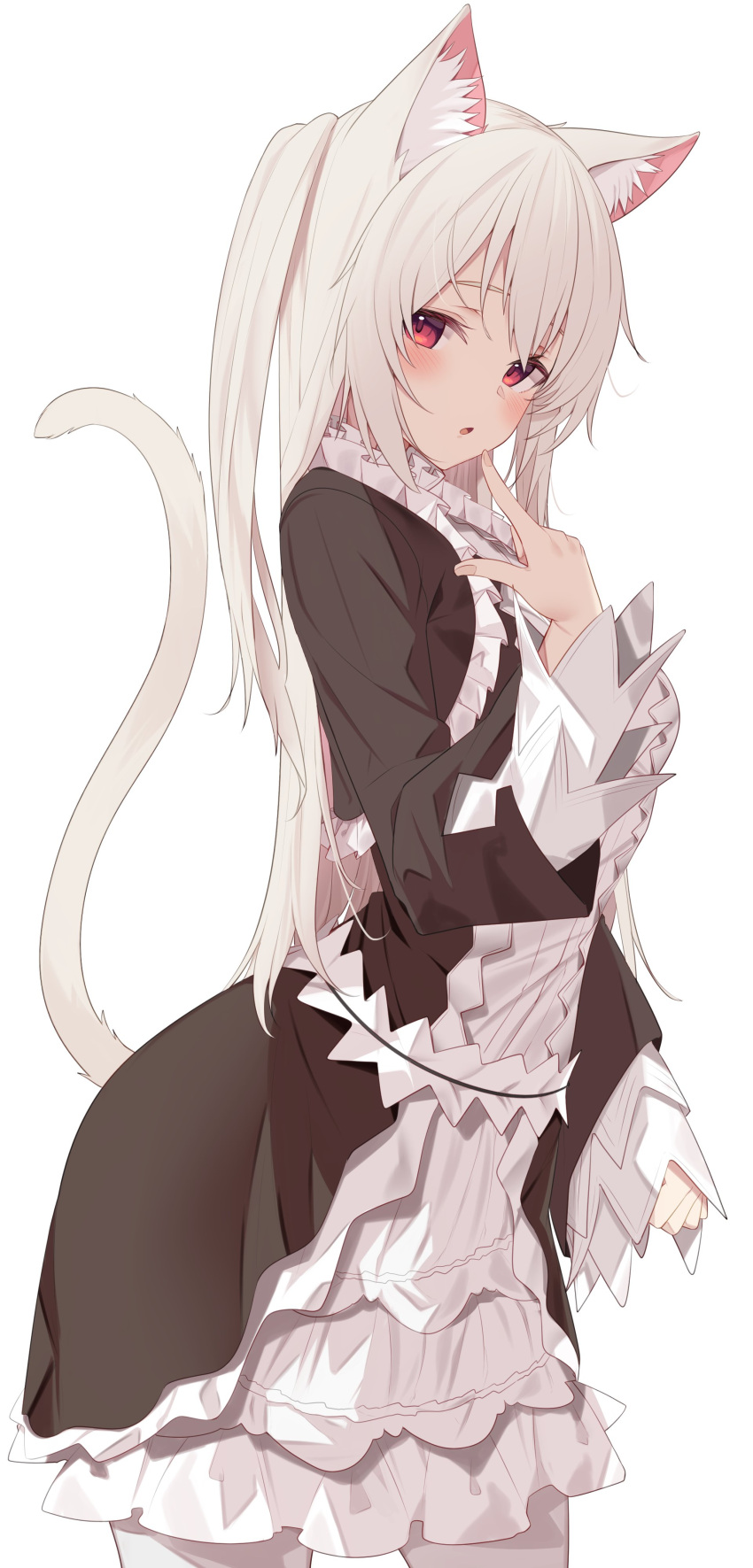 1girl :o absurdres animal_ears apron black_dress blush cat_ears cat_girl cat_tail commentary_request cowboy_shot dress finger_to_mouth highres jun_(aousa0328) long_hair long_sleeves looking_at_viewer maid one_side_up original pantyhose parted_lips red_eyes silver_hair solo tail very_long_hair white_apron white_legwear