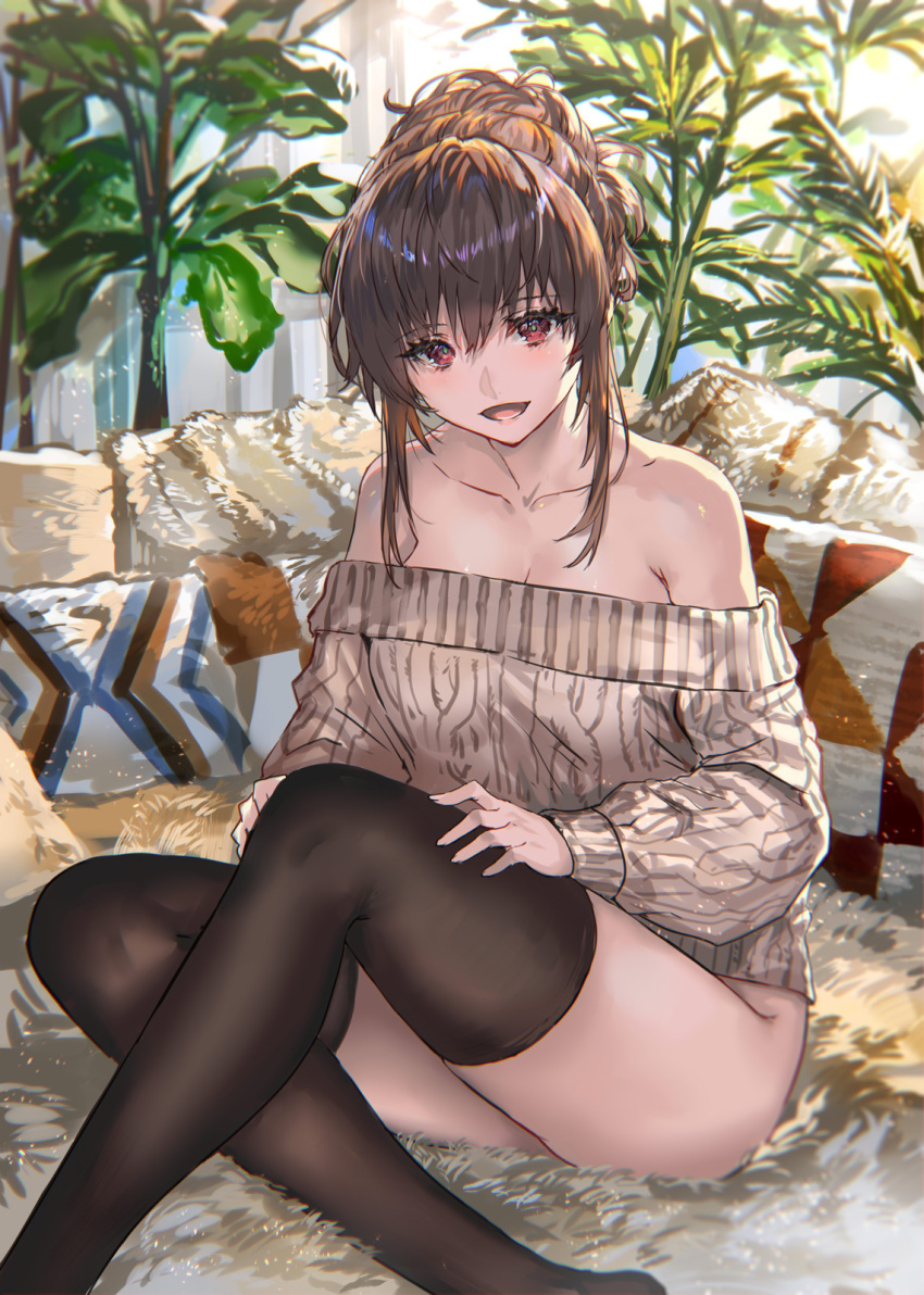 1girl bare_shoulders black_legwear brown_hair collarbone highres looking_at_viewer off-shoulder_sweater off_shoulder open_mouth original plant ran'ou_(tamago_no_kimi) red_eyes sitting sweater thigh-highs tied_hair