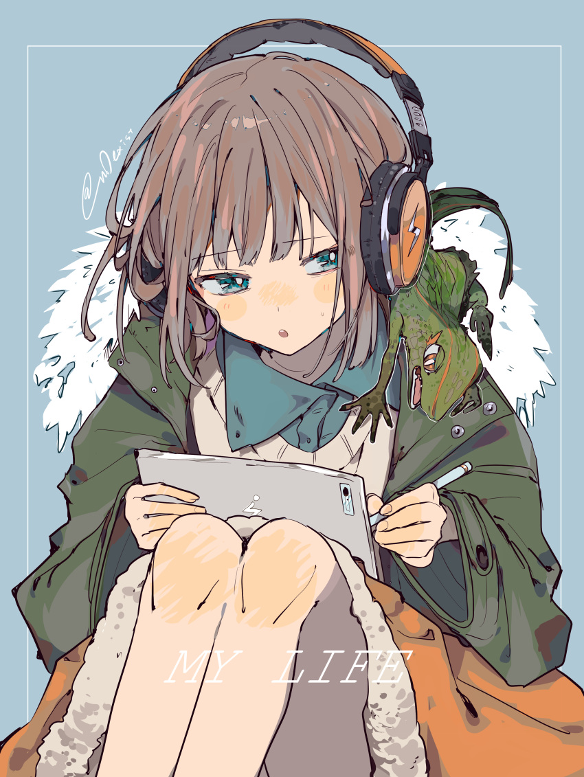 1girl :o absurdres animal_on_shoulder blue_eyes blue_shirt blush brown_eyes brown_hair collared_shirt commission drawing drawing_tablet eyebrows_visible_through_hair fur_trim green_jacket headphones headphones_around_neck highres holding holding_pen i7 iguana_(animal) jacket lizard looking_to_the_side open_mouth original pen shirt skeb_commission solo