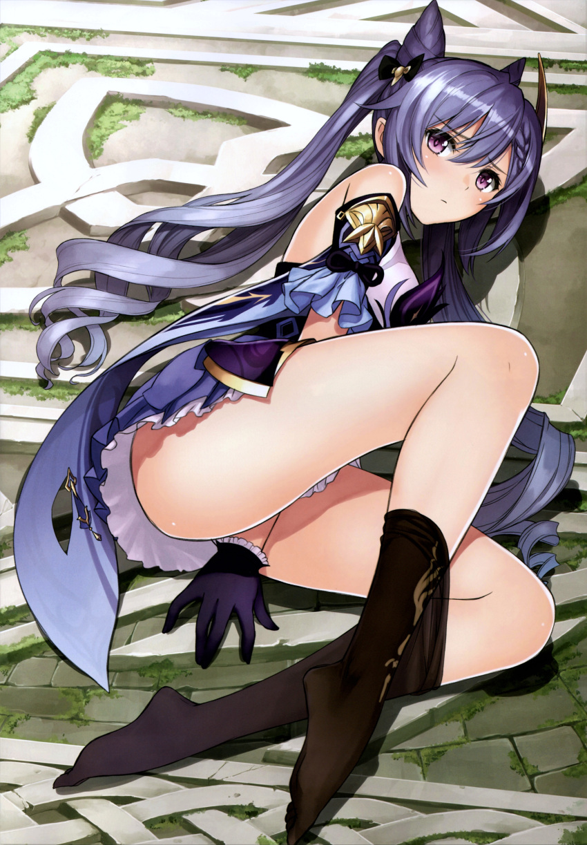1girl absurdres ass bangs bare_shoulders blush breasts brown_legwear closed_mouth dress eyebrows_visible_through_hair frilled_gloves frills genshin_impact gloves hair_ornament highres keqing_(genshin_impact) legs long_hair looking_at_viewer lying medium_breasts on_side pantyhose pantyhose_pull purple_dress purple_gloves purple_hair scan shiny shiny_hair shiny_skin short_dress simple_background sleeveless thighs tied_hair tony_taka twintails violet_eyes white_background