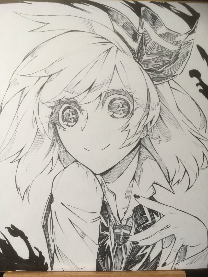 +_+ 1girl closed_mouth cross cross_earrings earrings fingernails greyscale hand_up highres jewelry looking_at_viewer medium_hair monochrome nail_polish necktie photo_(medium) rumia shirt shukusuri smile solo touhou traditional_media vest