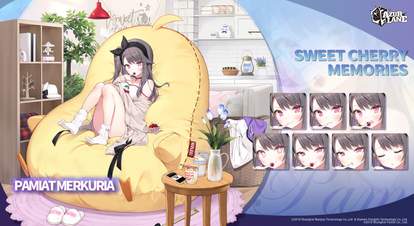 1girl azur_lane bangs bean_bag_chair black_hair black_hairband brown_cardigan cardigan cellphone character_name cherry chopsticks closed_eyes commentary controller copyright_name cup_noodle eating english_commentary expressions eyebrows_visible_through_hair flower food fruit game_console game_controller hairband highres instant_ramen light_blush long_hair looking_at_viewer meowfficer_(azur_lane) official_alternate_costume official_art one_side_up open_cardigan open_clothes open_mouth pamiat_merkuria_(azur_lane) phone promotional_art ramen sitting smartphone smile socks solo vase violet_eyes white_legwear