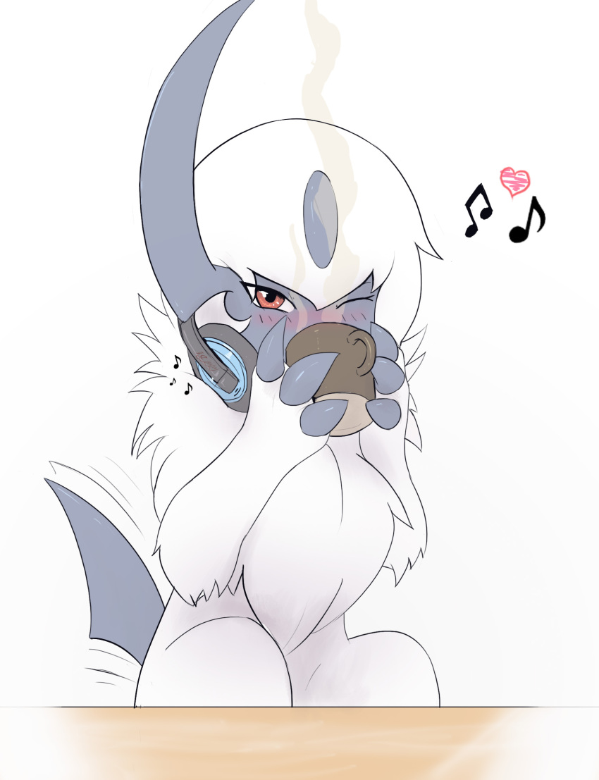 absol afterimage animal_focus artist_name bangs blush claws commentary cup dated drink drinking english_commentary eryz fluffy gen_3_pokemon hands_up happy headphones heart highres holding holding_cup looking_at_viewer motion_lines mug musical_note no_humans nose_blush one_eye_closed pokemon pokemon_(creature) red_eyes short_hair signature simple_background sitting solo steam table tail tail_wagging white_background white_hair