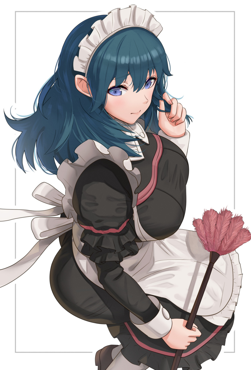 1girl apron ass bangs black_dress blue_eyes blue_hair blush breasts byleth_(fire_emblem) byleth_eisner_(female) closed_mouth commentary cowboy_shot dress duster eyebrows_visible_through_hair fire_emblem fire_emblem:_three_houses frilled_apron frilled_dress frills gonzarez hair_between_eyes hand_up highres holding holding_duster holding_hair large_breasts long_dress long_hair long_sleeves looking_at_viewer maid maid_apron maid_day maid_headdress puffy_long_sleeves puffy_sleeves shoes sidelocks simple_background solo thigh-highs white_apron white_background white_legwear