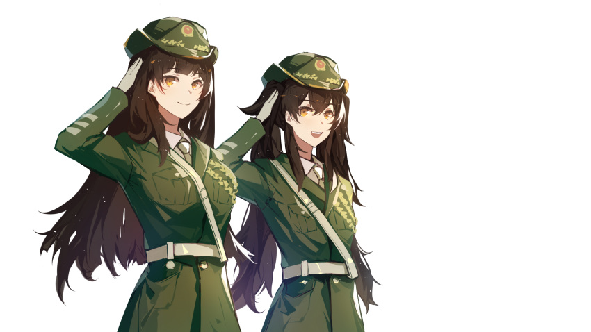 2girls belt brown_eyes brown_hair closed_mouth eyebrows_visible_through_hair girls_frontline hand_on_head hat hei_chuan_gui highres jacket long_hair looking_at_viewer military military_hat military_uniform multiple_girls necktie open_mouth qbz-95_(girls_frontline) qbz-97_(girls_frontline) shirt smile standing twintails uniform white_background