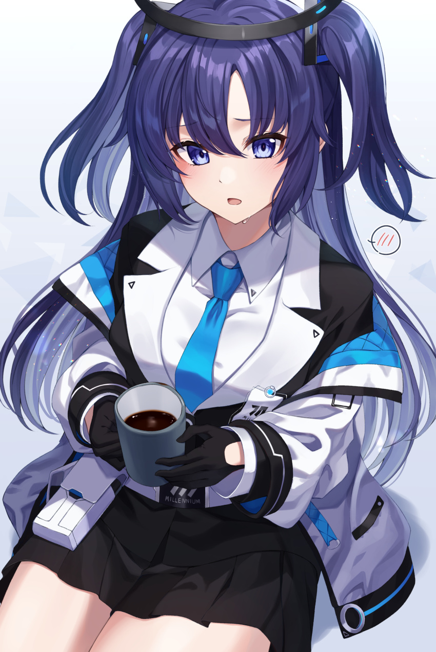 1girl absurdres belt_pouch black_gloves black_jacket black_skirt blazer blue_archive blue_eyes blue_hair coffee coffee_mug collared_shirt cup gloves halo highres holding jacket kurousagi_yuu long_hair looking_at_viewer miniskirt mug necktie off_shoulder open_clothes open_jacket open_mouth pleated_skirt pouch shirt simple_background sitting skirt solo spoken_blush sweatdrop twintails two_side_up undershirt white_background white_jacket white_shirt wing_collar yuuka_(blue_archive)