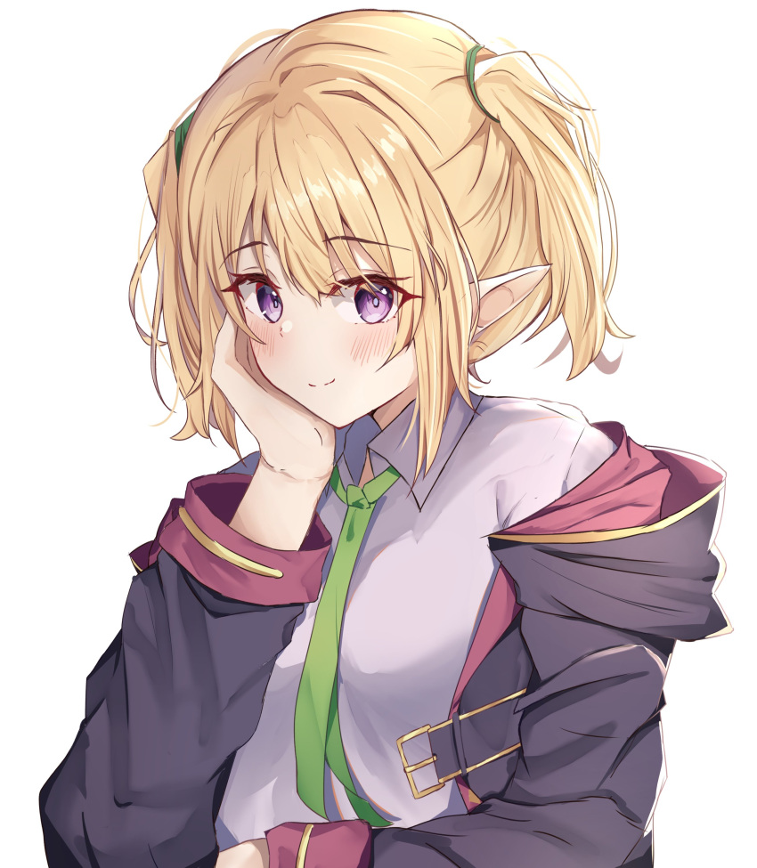 1girl absurdres blonde_hair chloe_(princess_connect!) eyebrows_visible_through_hair green_neckwear hand_on_own_cheek hand_on_own_face highres jacket kaedemaru looking_at_viewer necktie open_clothes open_jacket pointy_ears princess_connect! princess_connect!_re:dive shirt smile twintails violet_eyes white_background