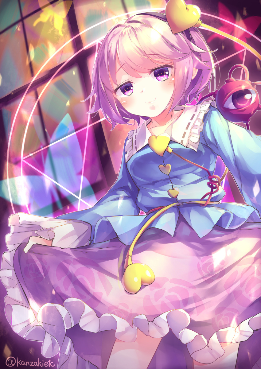 1girl absurdres closed_mouth commentary_request contrapposto cowboy_shot curtsey dutch_angle eyeball floral_print heart highres holding holding_clothes holding_skirt kanzakietc komeiji_satori looking_ahead pink_eyes pink_hair short_hair skirt smile solo standing third_eye touhou