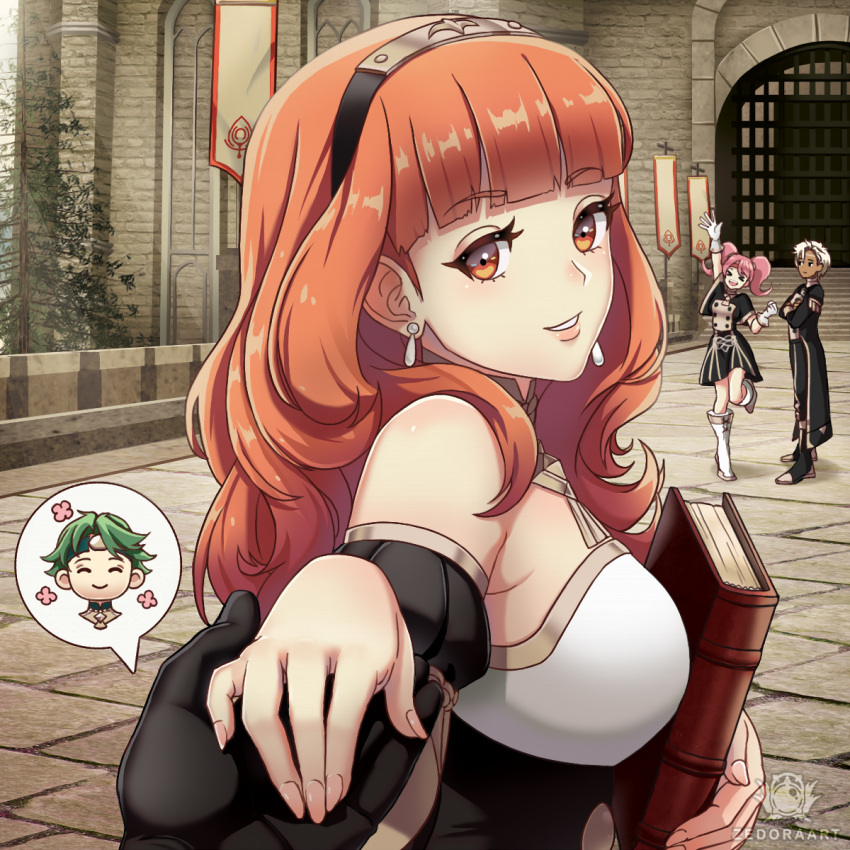 &gt;_&lt; 2boys 2girls alm_(fire_emblem) arm_up black_gloves black_hairband black_skirt black_sleeves blue_eyes boey_(fire_emblem) breasts brown_eyes brown_hair celica_(fire_emblem) crossed_arms dark_skin dark_skinned_male day detached_sleeves earrings eyebrows_visible_through_hair fire_emblem fire_emblem:_three_houses fire_emblem_echoes:_shadows_of_valentia garreg_mach_monastery_uniform gloves grin hairband highres holding holding_hands jewelry long_hair long_sleeves looking_at_viewer looking_back mae_(fire_emblem) medium_breasts miniskirt multiple_boys multiple_girls outdoors outstretched_hand pink_hair pov shiny shiny_hair silver_hair skirt smile solo_focus standing standing_on_one_leg twintails waving white_gloves zedoraart