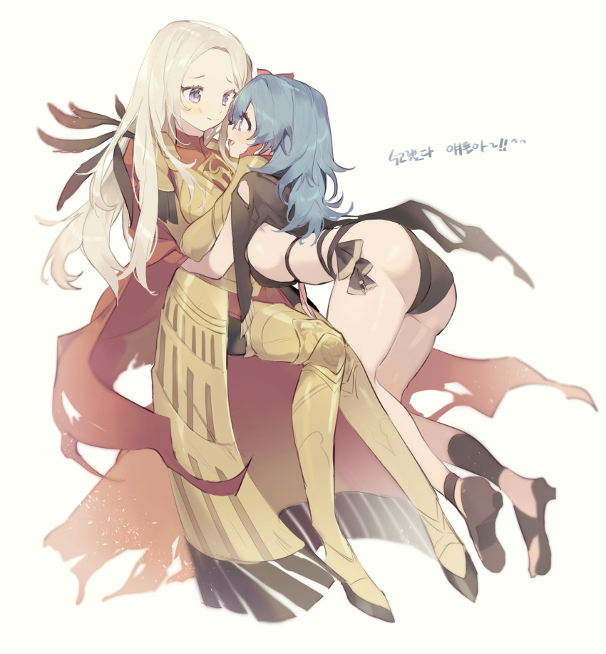 2girls absurdres armor armored_dress ass bikini black_bikini blue_hair byleth_(fire_emblem) byleth_eisner_(female) byleth_eisner_(female) cute edelgard_von_hresvelg eye_contact female_my_unit_(fire_emblem:_three_houses) fire_emblem fire_emblem:_three_houses fire_emblem:_three_houses fire_emblem_16 fire_emblem_heroes fm_r3dslov3 greaves hands_on_another's_face highres intelligent_systems long_hair looking_at_another medium_hair moe multiple_girls my_unit_(fire_emblem:_three_houses) nintendo official_alternate_costume sandals silver_hair simple_background super_smash_bros. swimsuit violet_eyes