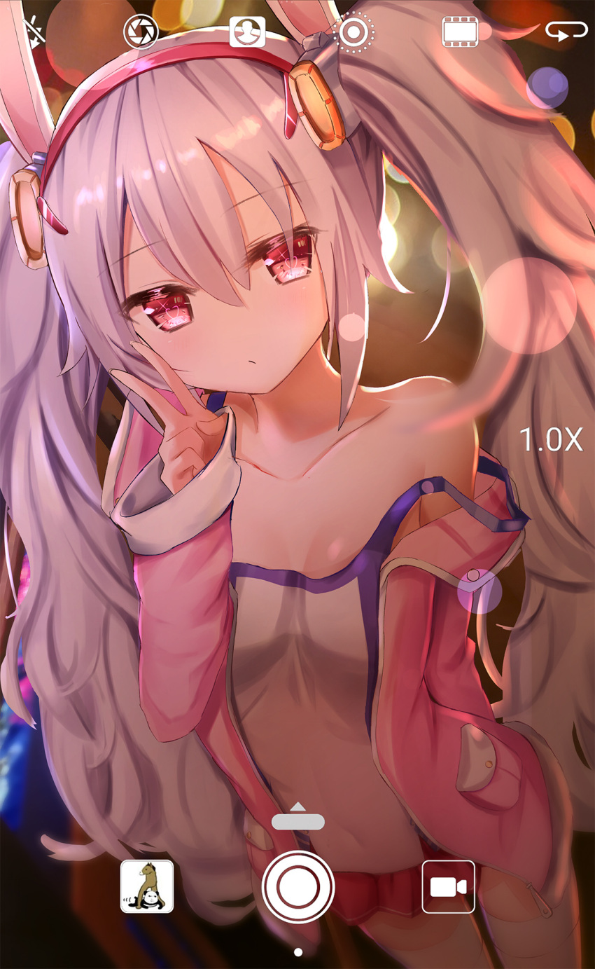 1girl animal_ears azur_lane bangs blurry bokeh breasts camisole collarbone depth_of_field eyebrows_visible_through_hair fake_animal_ears hair_between_eyes highres laffey_(azur_lane) looking_at_viewer medium_breasts number red_eyes solo thigh-highs tou_tou twintails user_interface v viewfinder white_hair white_legwear