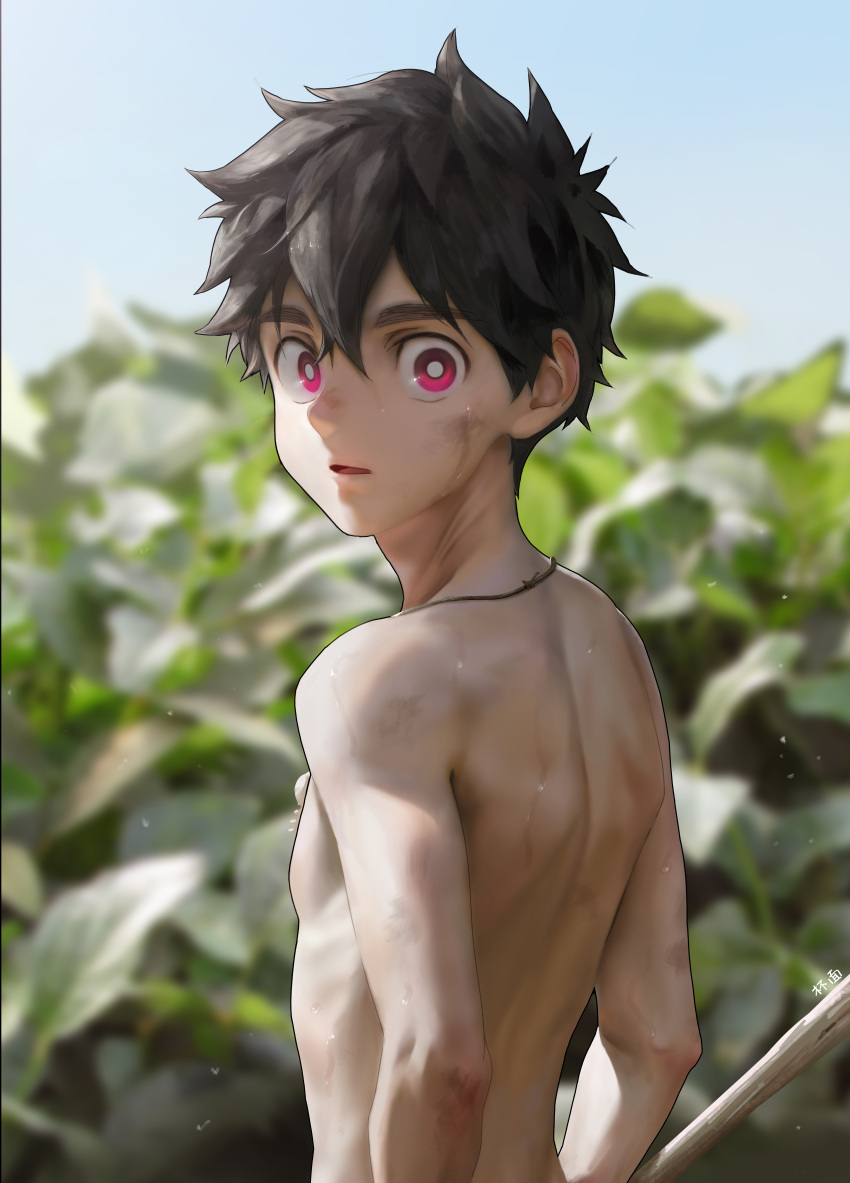 1boy absurdres beitemian black_hair blurry blurry_background bright_pupils depth_of_field hair_between_eyes highres jewelry kemono_jihen kusaka_kabane leaf looking_at_viewer male_focus necklace parted_lips pink_eyes plant shirtless short_hair solo upper_body white_pupils