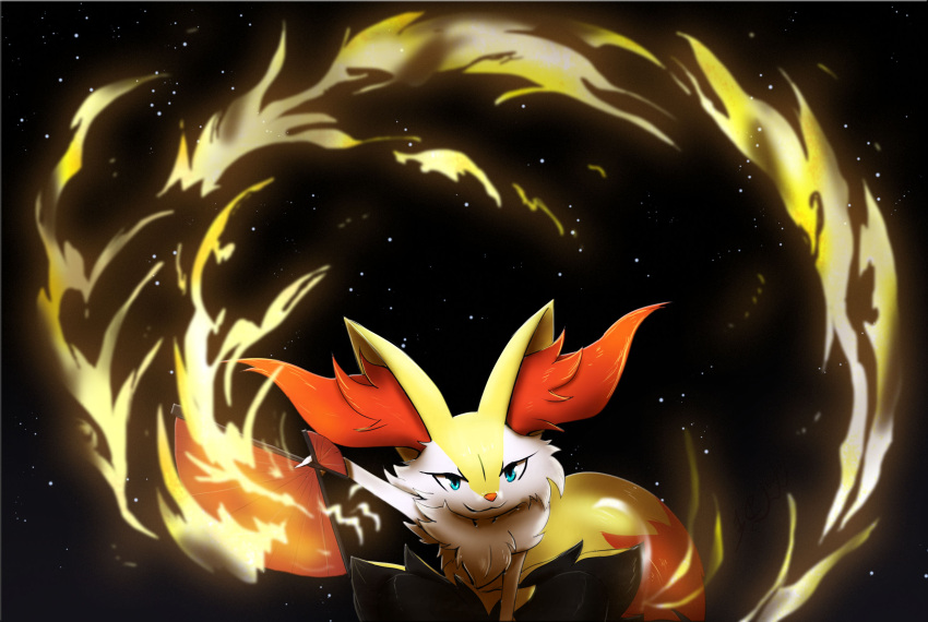 1girl :3 alternate_eye_color animal_ear_fluff animal_ears animal_nose arm_up black_background black_fur blue_eyes body_fur braixen closed_mouth commentary embers english_commentary eryz fan fire flat_chest folding_fan fox_ears fox_girl fox_tail gen_6_pokemon happy highres holding holding_fan jpeg_artifacts looking_at_viewer pokemon pokemon_(creature) simple_background smile solo spread_legs squatting tail white_fur yellow_fur