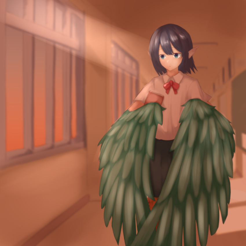 1girl black_hair book commentary_request feathered_wings green_eyes green_feathers hallway harpy highres holding holding_book kazami_windy light_rays monster_girl original pointy_ears school_uniform shirt short_hair short_sleeves skirt solo sunbeam sunlight white_shirt winged_arms wings