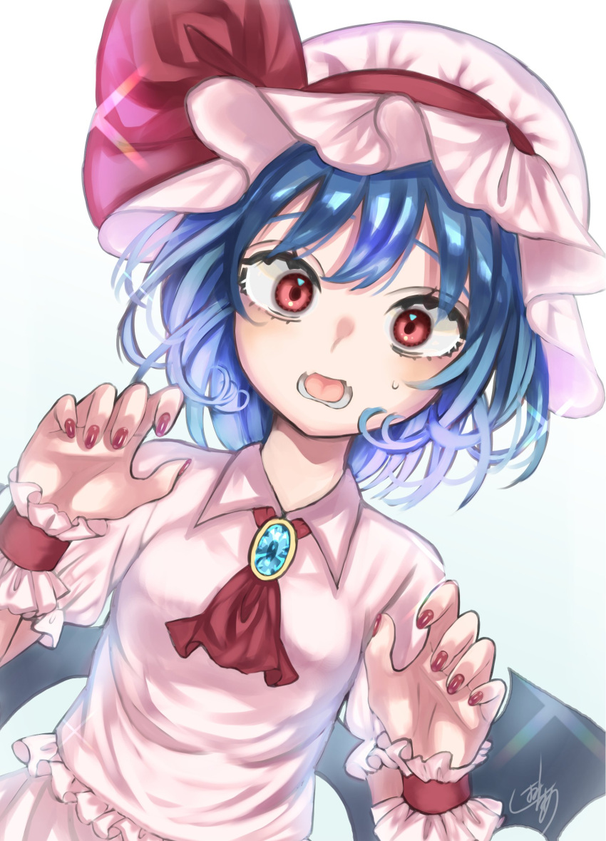 1girl absurdres ascot bat_wings blue_hair breasts brooch dress dutch_angle frilled_cuffs hands_up hat hat_ribbon highres jewelry looking_at_viewer mob_cap open_mouth orange_eyes pink_dress pink_shirt puffy_short_sleeves puffy_sleeves red_eyes red_nails red_neckwear red_ribbon remilia_scarlet ribbon shiomi_lua shirt short_hair short_sleeves signature simple_background small_breasts solo surprised sweatdrop touhou white_background wing_collar wings wrist_cuffs