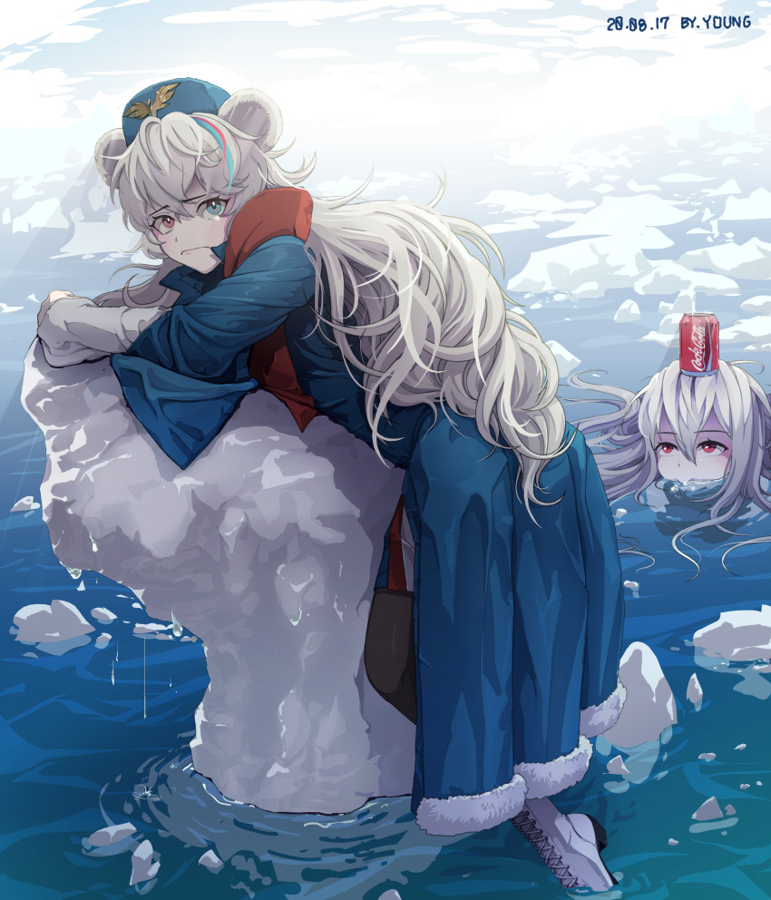 2girls absurdres animal_ears arknights artist_name bear_ears blue_eyes bubble closed_mouth cola commentary crying garrison_cap hat heterochromia highres iceberg long_hair looking_at_viewer multiple_girls object_on_head partially_submerged red_eyes robe rosa_(arknights) shoes skadi_(arknights) very_long_hair white_hair y0ung